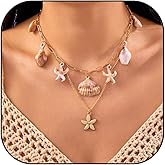 Chunky Gold Shell Necklace for Women Chunky Starfish Shell conch Pendant Necklaces Layered Pearl Beaded Choker Necklaces Summer Beach Jewelry Gifts for Women