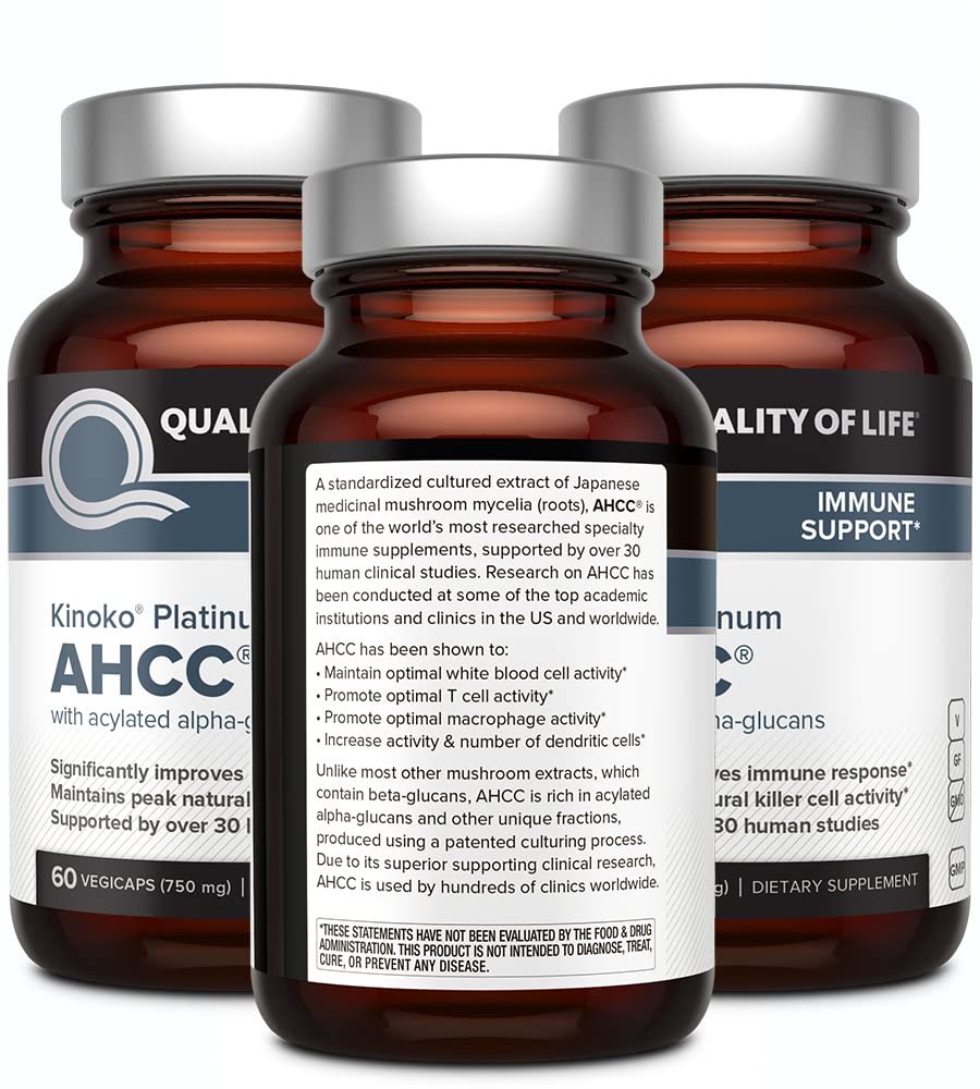 Quality of Life AHCC Kinoko Platinum 750 mg – Premium Immune Support Supplement, Pack of 3-60 Count Bottles