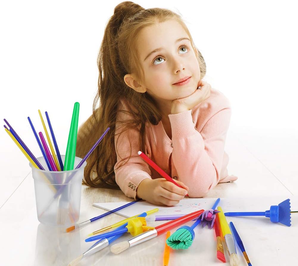 WEKSI Paint Brushes for Kids, 34Pcs Paint Supplies Include Paint Cups with No Spill Lids Palette Tray Muti Sizes Paint Brushes Set for Kids Gifts School Project Art Party: Kitchen & Dining