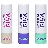 Wild Pack of 3 Mini Deodorants in Fresh Cotton & Sea Salt, Coconut & Vanilla and Cherry Blossom - Trial Size Great for Vacation & Travel - Aluminum & Plastic Free - Long Lasting Protection