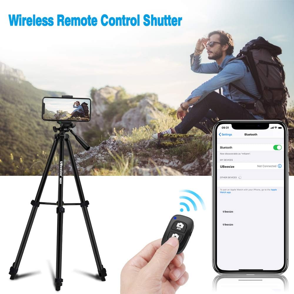 UBeesize 60” Phone Tripod with Carry Bag & Cell Phone Mount Holder for Live Streaming, Extendable Travel Lightweight Tripod Stand with Smartphone Bluetooth Remote, Compatible with iOS/Android: Camera & Photo