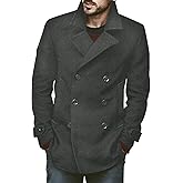 Bbalizko Mens Classic Pea Coat Notched Collar Double Breasted Slim Fit Winter Warm Heavyweight Trench Coats