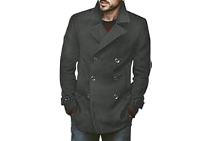 Bbalizko Mens Classic Pea Coat Notched Collar Double Breasted Slim Fit Winter Warm Heavyweight Trench Coats