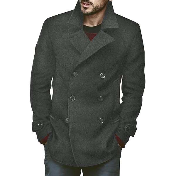 PASLTER Mens Classic Business Pea Coat Winter Warm Double Breasted