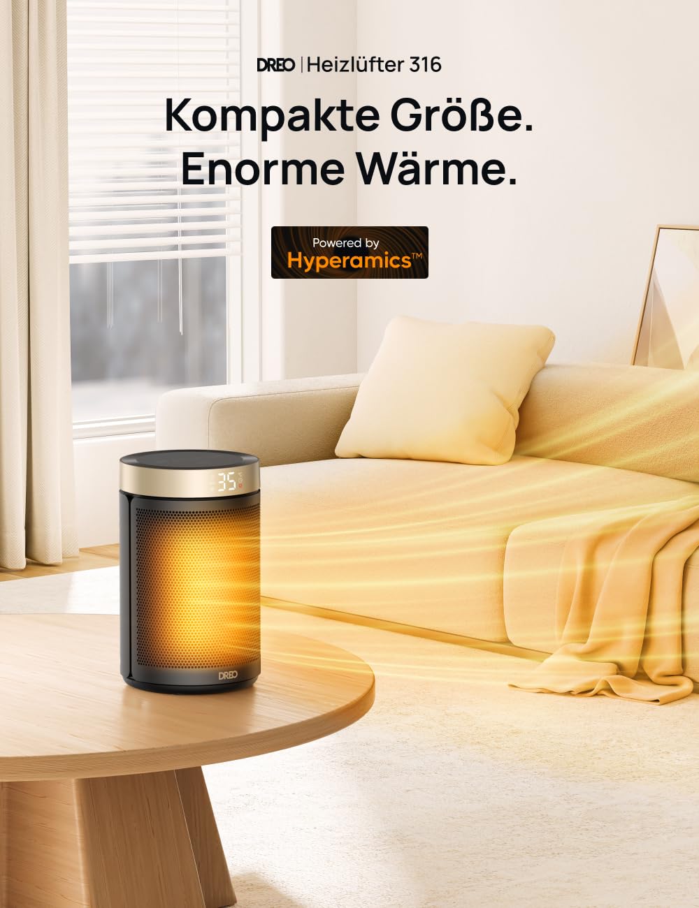 Dreo Energiesparender Heizlüfter, 34 dB Leiser 1500W Elektrischer PTC Keramik, Thermostat, Überhitzungs- & Kippschutz, 12 Std. Timer, Elektroheizung für Räume Schlafzimmer, Heater 316, Gold 3