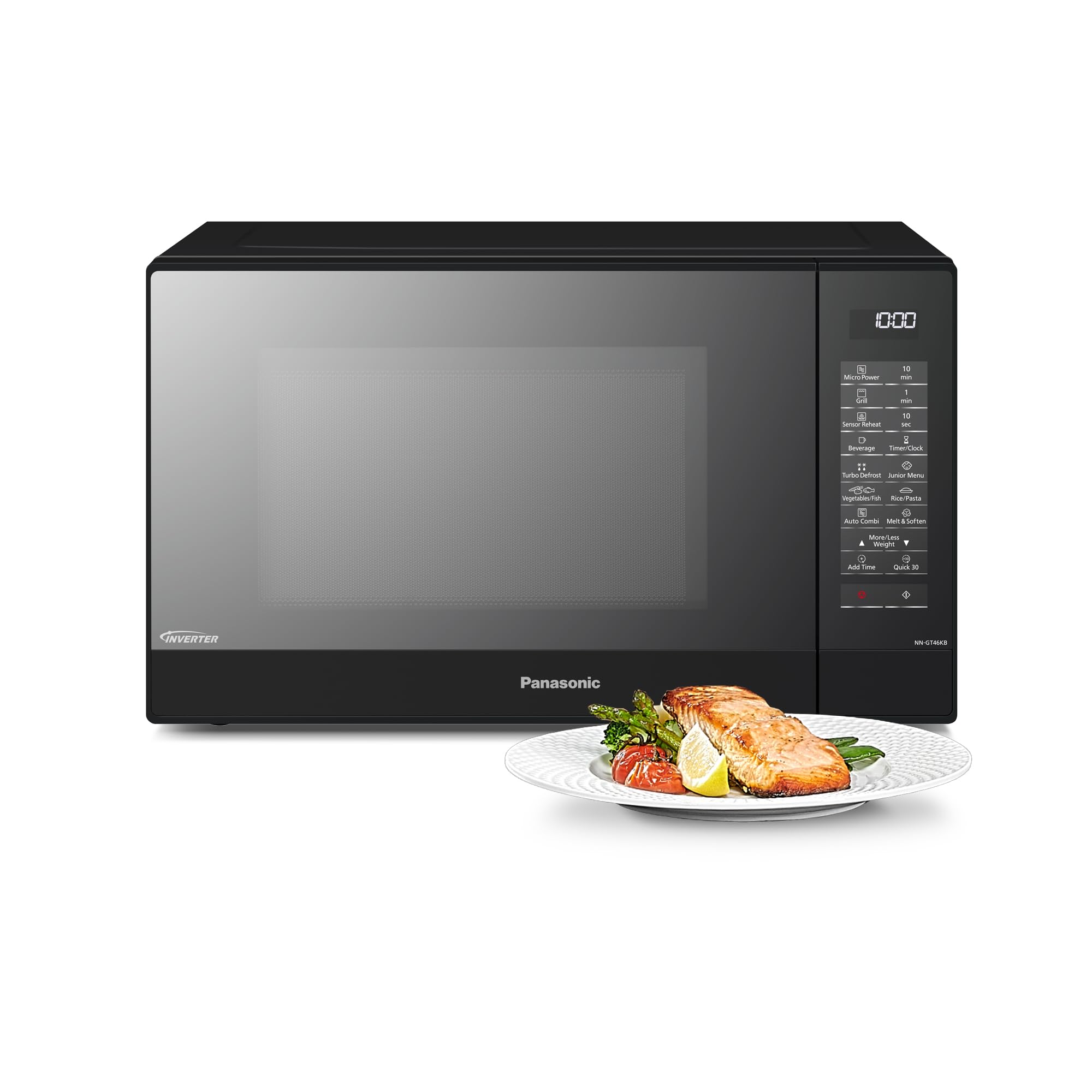 Panasonic NN-GT46KBSUG Forno a Microonde e Grill con Piatto Rotante, 31 Litri, Acciaio Inox, 1000 W, Grill 1100 W, 24 Programmi Automatici, Griglia Metallica, Display LCD, Menù Junior, Nero
