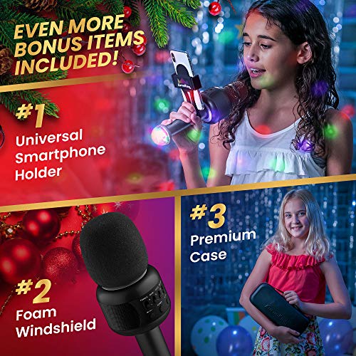 Wireless Bluetooth Karaoke Microphone - Portable KTV Karaoke Machine with Speaker + FREE USB Disco Ball Light & Phone Holder Perfect for Pop, Rock n' Roll Parties, Solo Parties & More (E106 DarkBlack)