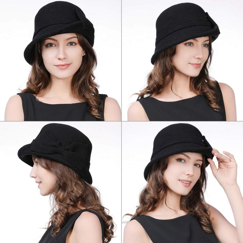 Womens Black Vintage Wool Felt Cloche Bucket Hat Winter Bowler Cap Packable at  Women’s Clothing store