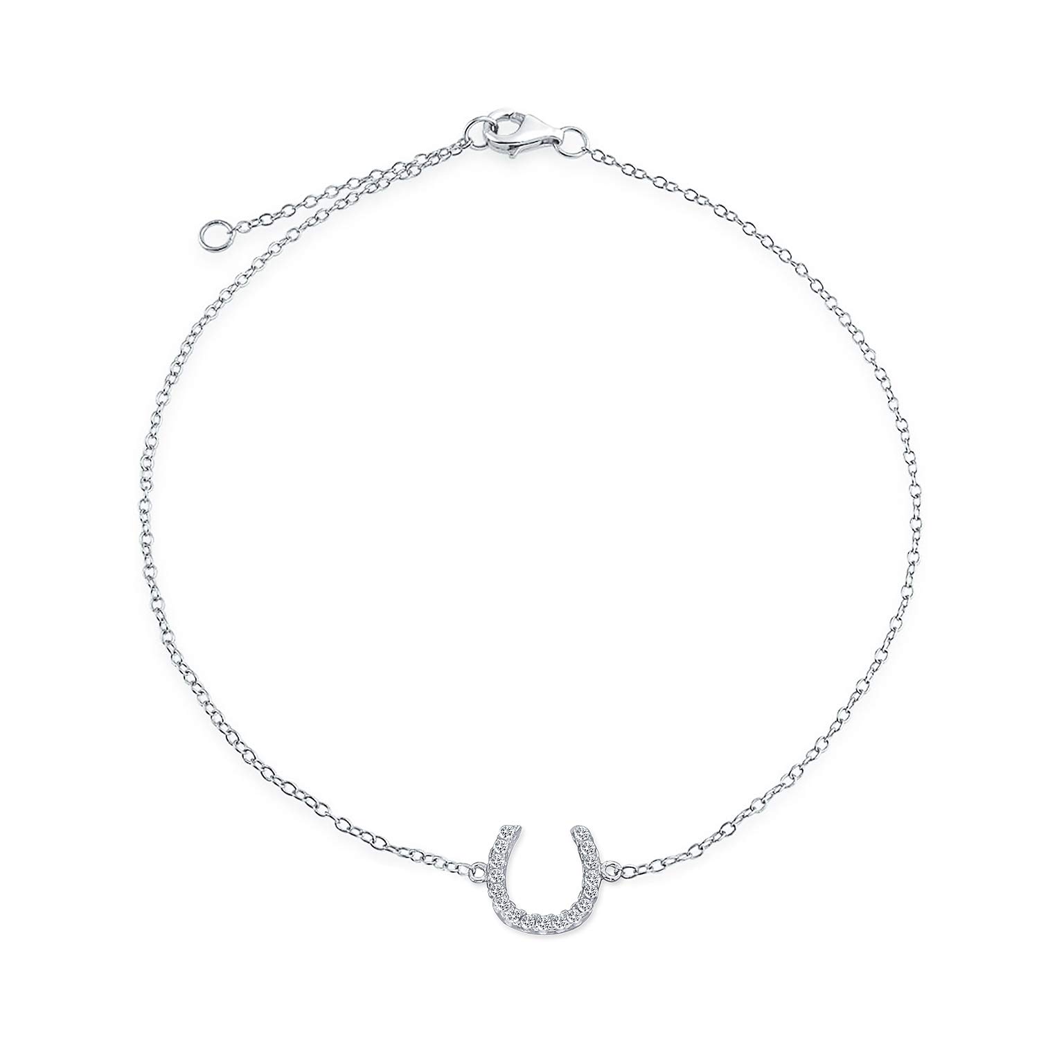 Delicate Pave CZ Accent Equestrian Horseshoe Anklet Lucky Charm Anklet Bracelet Western Jewelry For Women Teen .925 Sterling Silver 9-10 Inch