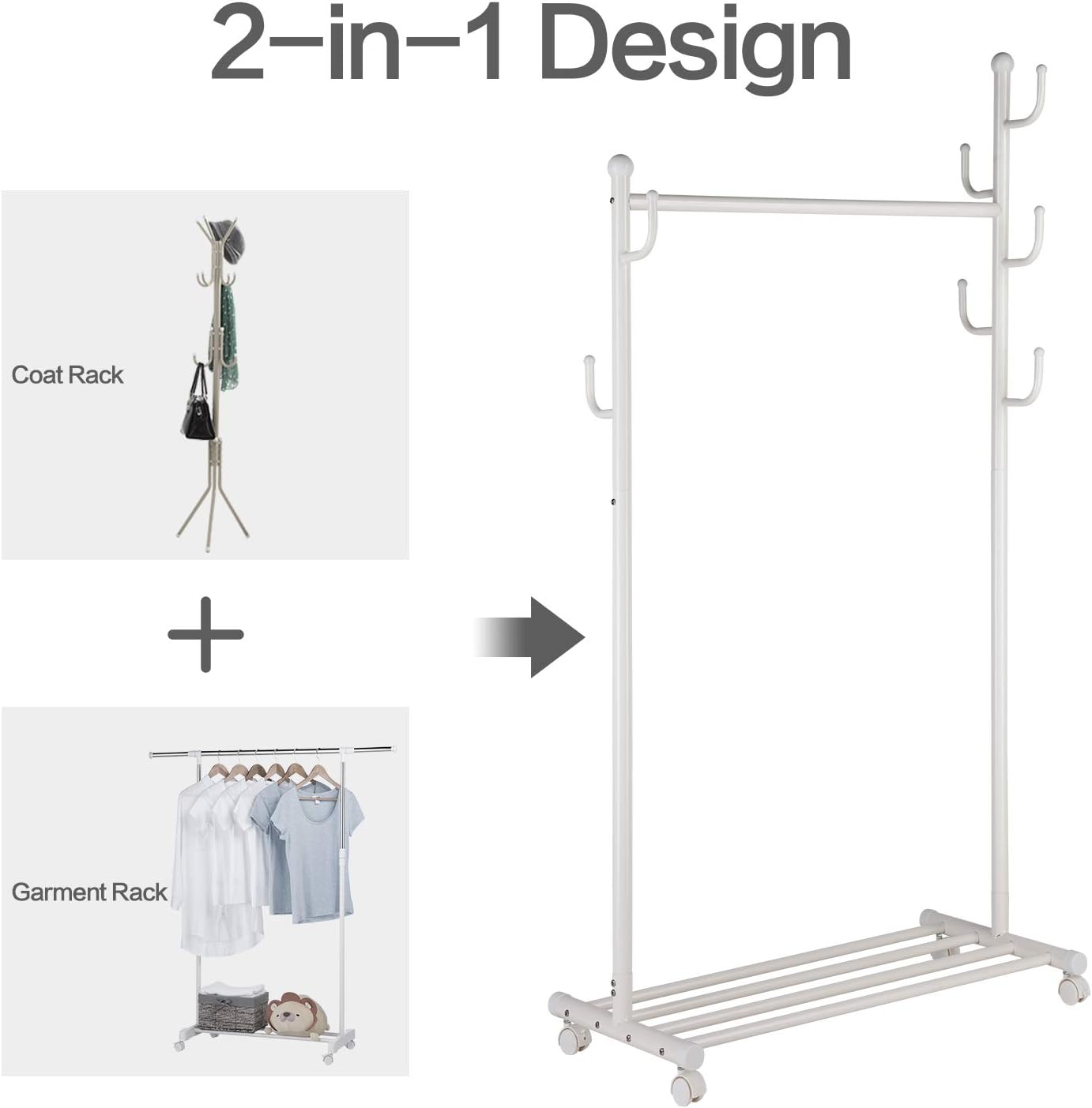 SINGAYE Clothes Rack 2-in-1 Coat Rack Rolling Garment Rack with Bottom Shelves, 7 Side Hooks, Lockable Wheels, Rolling Closet Organizer (White): Home & Kitchen
