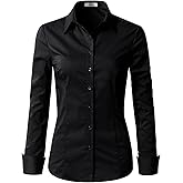 EZEN Womens Slim Fit Long Sleeve Stretchy Button Down Collar Shirt Blouse