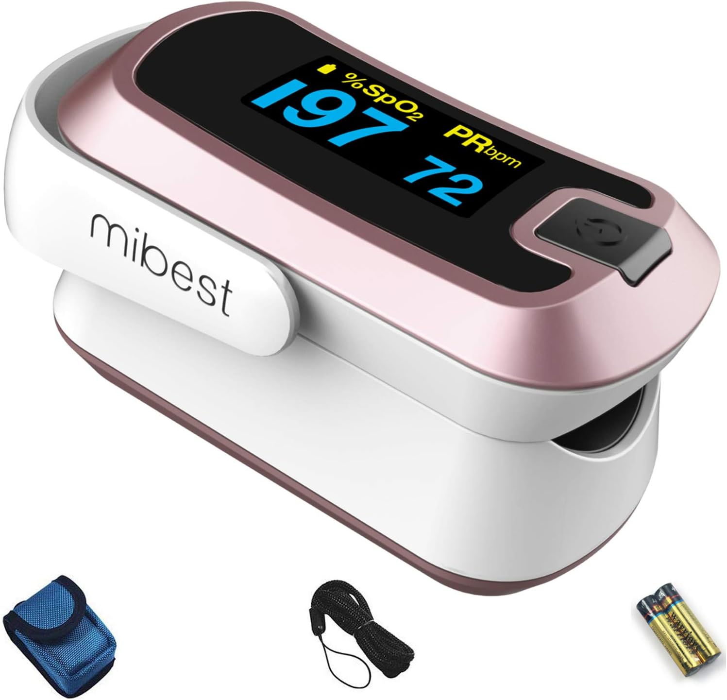 mibest Rose Gold Dual Color OLED Finger Pulse Oximeter - Blood Oxygen Saturation Monitor with Color OLED Screen Display and Included Batteries - O2 Saturation Monitor