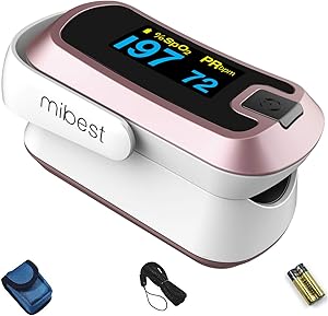 mibest Rose Gold Dual Color OLED Finger Pulse Oximeter - Blood Oxygen Saturation Monitor with Color OLED Screen Display and Included Batteries - O2 Saturation Monitor