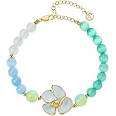 Cicy Bell Womens Flower Bracelets 18K Gold Plated Trendy Charm Colorful Cat's Eye Stone Beaded Adjustable Stretch Bracelet Friendship Vacation Jewelry Accessories