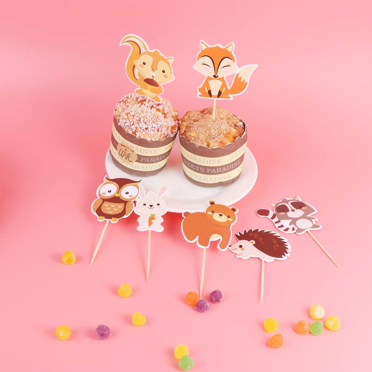 Forest Animal Party Cake Lid Woodland Cupcake Topper Dessert Picks for Baby Party Kids Birthday Pieces, Image 1 - Image 4