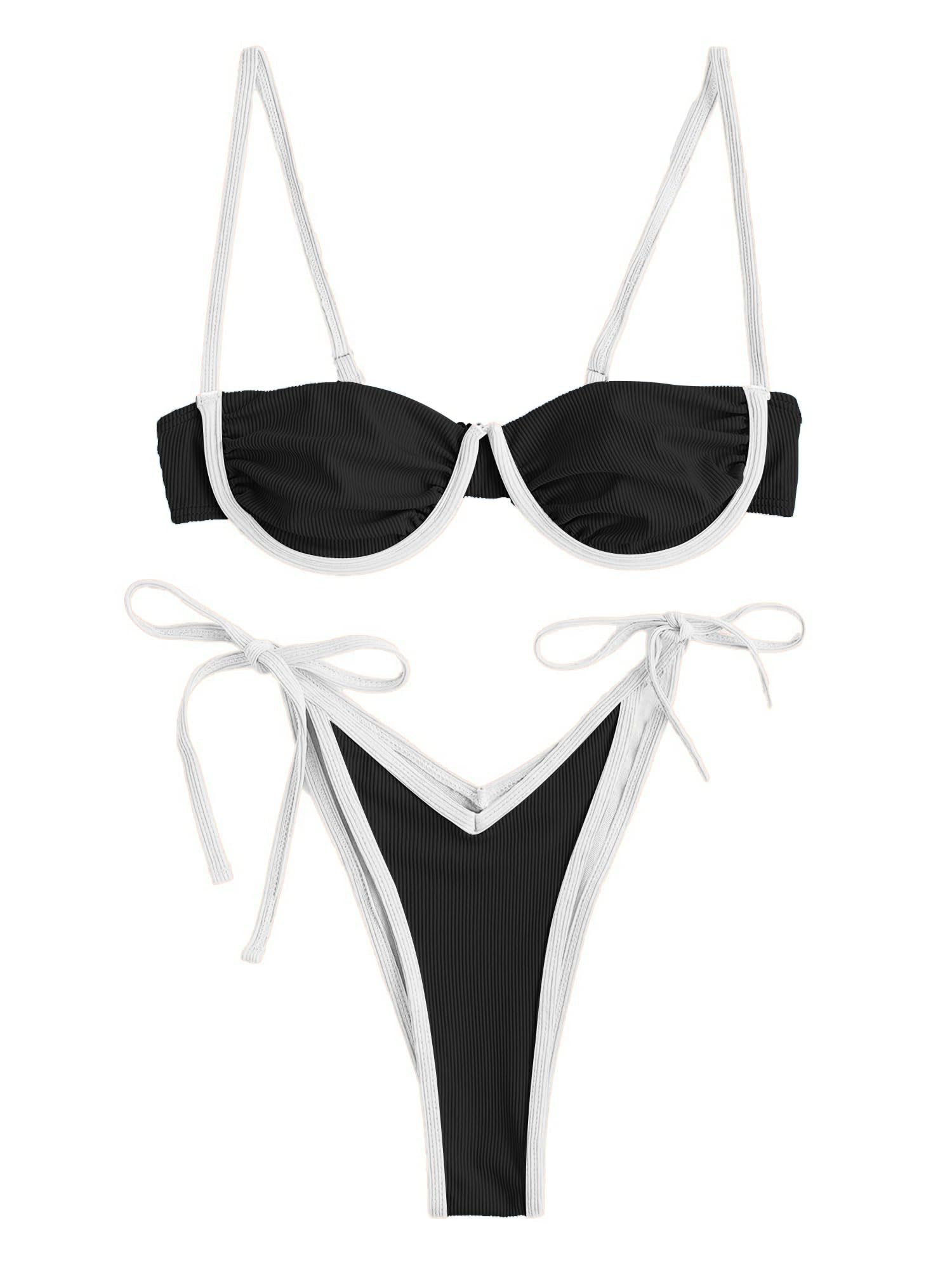 Photo 1 of ZAFUL Women's Underwire Bikini Color Block Swimsuit Two Piece String Bikini Set Ribbed Frilled Bathing Suit(2-Black,M)