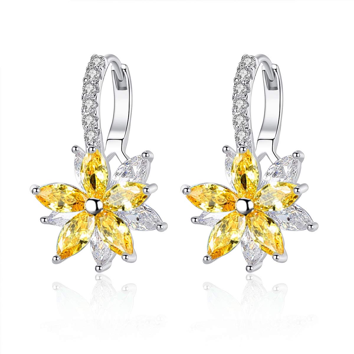 Josfeva Silver Hoop Earrings for Women, White Gold Plated Double Flower Hoop Earring with Cubic Zirconia, Hypoallergenic Crystal Hoop Earrings, Size:13mm * 22mm, Color: Yellow, Gift for Women Girls
