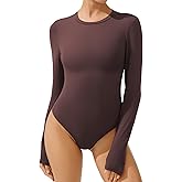 AFITNE Women’s Crew Neck Long Sleeve Bodysuit Basic Trendy Tummy Control Double Lined Thong Body Suit Tops Shirts