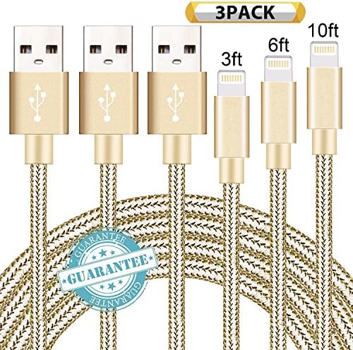 DANTENG Lightning Cable 3Pack 3FT 6FT 10FT Nylon Braided Certified iPhone Cable USB Cord Charging Charger for Apple iPhone X, 8, 7, 7 Plus, 6, 6s, 6+, 5, 5c, 5s, SE, iPad, iPod Nano, iPod Touch (Gold)