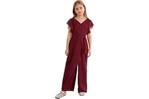 YONGHS Kids Flower Girls Pleated Chiffon Jumpsuit V-Neck Ruffled Short Sleeve Casual Romper Long Pants