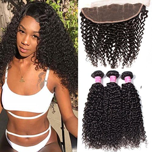 ALI JULIA Hair 7A Malaysian Virgin Curly Hair Bundles with Lace Frontal 13x4 Ear to Ear Closure Unprocessed Human Hair Extensions Natural Color (Frontal10 with 10 12 14)