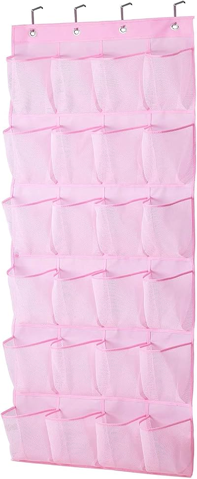 MISSLO Kids Over Door Shoe Organizer 24 Pockets Pink Breathable Mesh