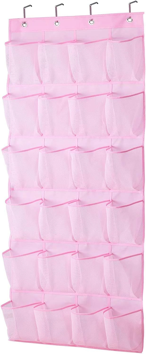 MISSLO Kids Over Door Shoe Organizer 24 Pockets Pink Breathable Mesh