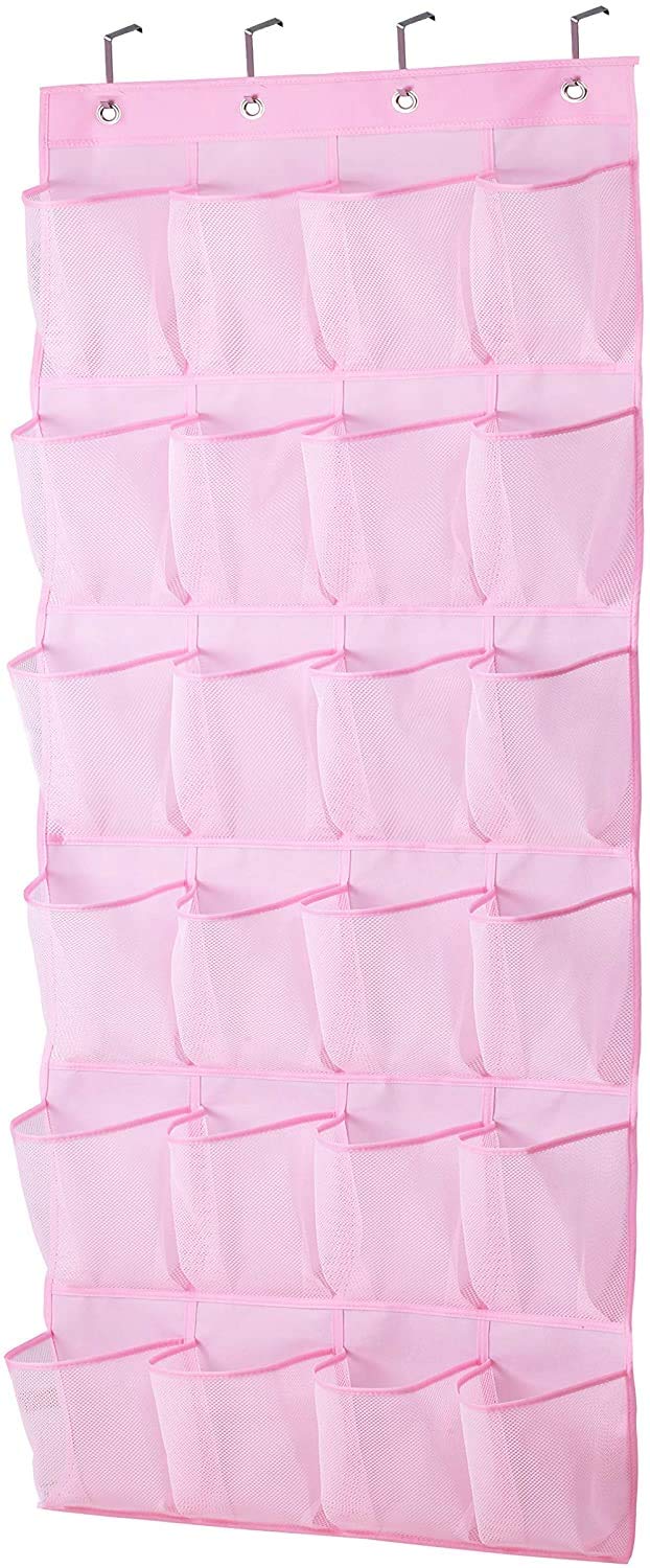 MISSLO Kids Over Door Hanging Shoe Storage Organiser Baby Organizer Hanging Shoe Rack Breathable 24 Large Mesh Pockets for Toddler Girl, Pink