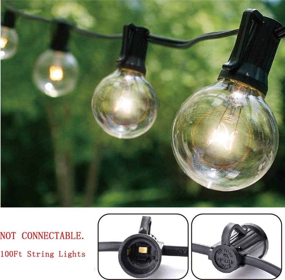 Outdoor String Lights, Yuusei 100Ft G40 Patio Lights with 55 5W Clear Globe Bulbs (5 Spare), IP44 Waterproof Backyard String Light with E12 Socket Base, for Balcony Porch Deck, UL Listed - - 