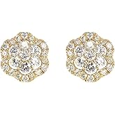 Yellow Gold Plated 925 Sterling Silver Screw Back Post Flower Cluster Honey Comb Set Hip Hop Iced 5A Cz Hypoallergenic Trendy Round Stud Circle Earrings