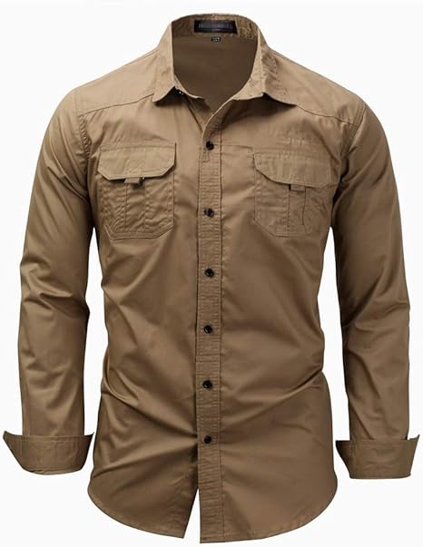 Weentop Camisa de Carga con Botones y Bolsillos (M-XXL) de Manga Larga con Cuello de Solapa y Ajuste Delgado para Hombres, para Negocios de Fiesta Todos los días (Color : Caqui, tamaño :