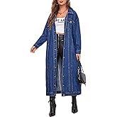 chouyatou Women's Fashion Spring Button Down Midi Long Denim Jean Jacket Trench Coat