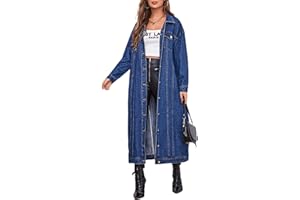 chouyatou Women's Fashion Spring Button Down Midi Long Denim Jean Jacket Trench Coat