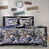 Reversible Teen Boys Kids Blue Camo Print Coverlet Bedding Set with Pillow (Full/queen) Includes Cross Scented Candle Tarts