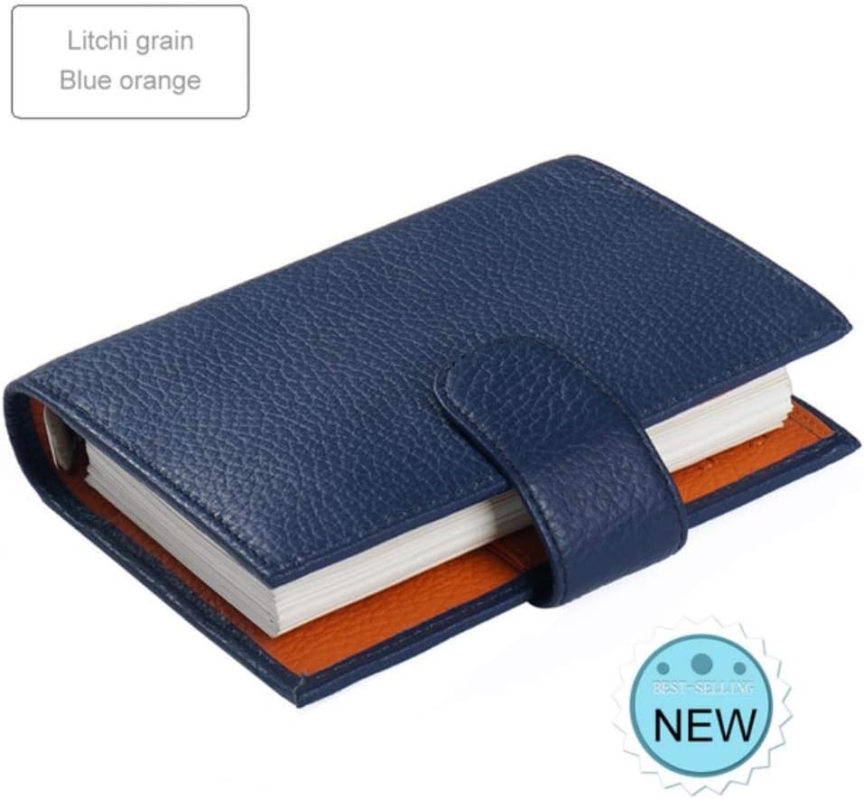 Qingb Genuine Leather Rings Notebook Brass Binder Mini Agenda Organizer Cowhide Diary Journal Sketchbook Planner Big Pocket,Litchi Blue Orange,A7 Cover 142x115mm