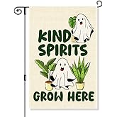 Gkodw Kind Spirits Grow Here Garden Flag, Cute Ghost Halloween Yard Sign for Outside, Funny Spirit Halloween Fall Outdoor Lawn Decor, Kindness Plant Lover Spooky Plant Mom Housewarming Gifts