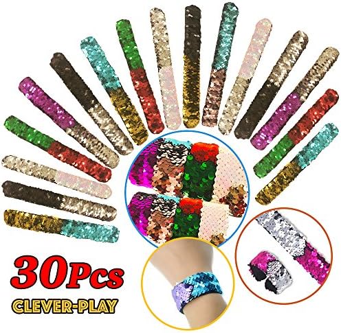 30 Pack Mermaid Bracelet, Birthday Party Favors Supplies Gifts Toys, Cleverplay Little Magic Reversible Charm Flip Sequins Slap Bracelets Wristband for Kids,Girls,Boys