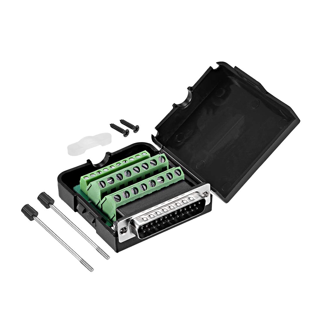 sourcing map D-sub DB25 Breakout Board Connector with Case 25 Pin 2-row Male Port Solderless Terminal Block Adapter with Thumb Screws