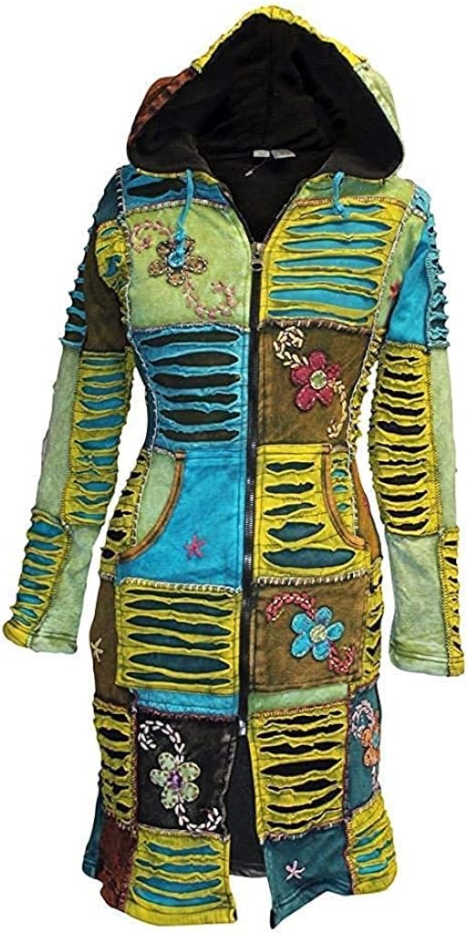 SHOPOHOLIC FASHION Women Flower Embroidered Fleece Lined Hippy Jacket Long Over Coat (S) Amazon