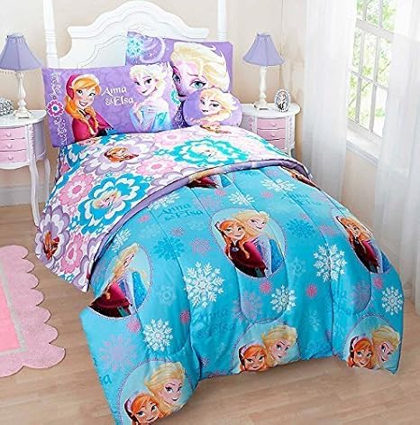 Amazon Com Disney S Frozen Princess Anna Elsa Twin Reversible Comforter Sheets Sham Toss Pillow 6 Piece Bed In A Bag Home Kitchen
