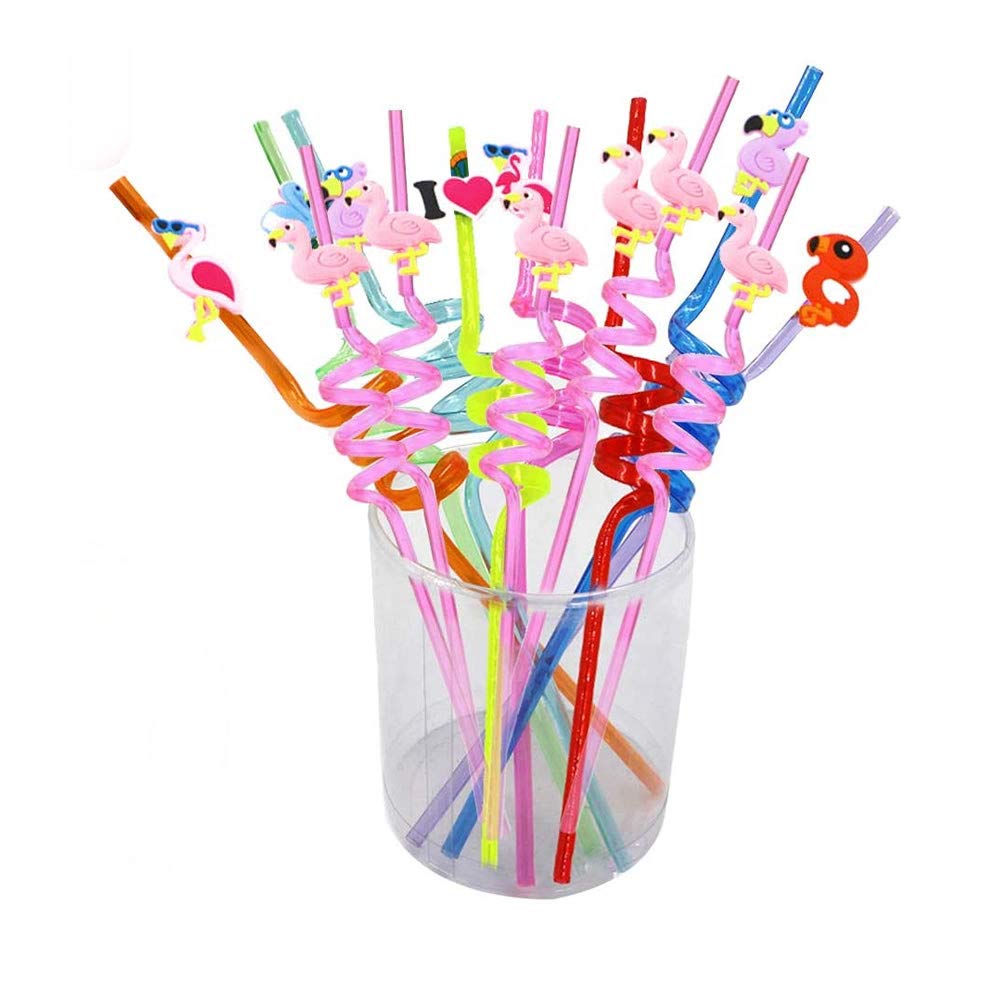 Dusenly 8pcs Hawaii Flamingo Straws Reusable Plastic Flamingo Drinking Straws Cocktail Bent Straw for Hawaiian Luau Summer Beach Pool Party Decorations