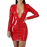 RINTONIX Women's Sexy Deep V Neck Faux Leather Club Dress Long Sleeve Wet Look Bodycon Party Dress Zip Up Clubwear Dress