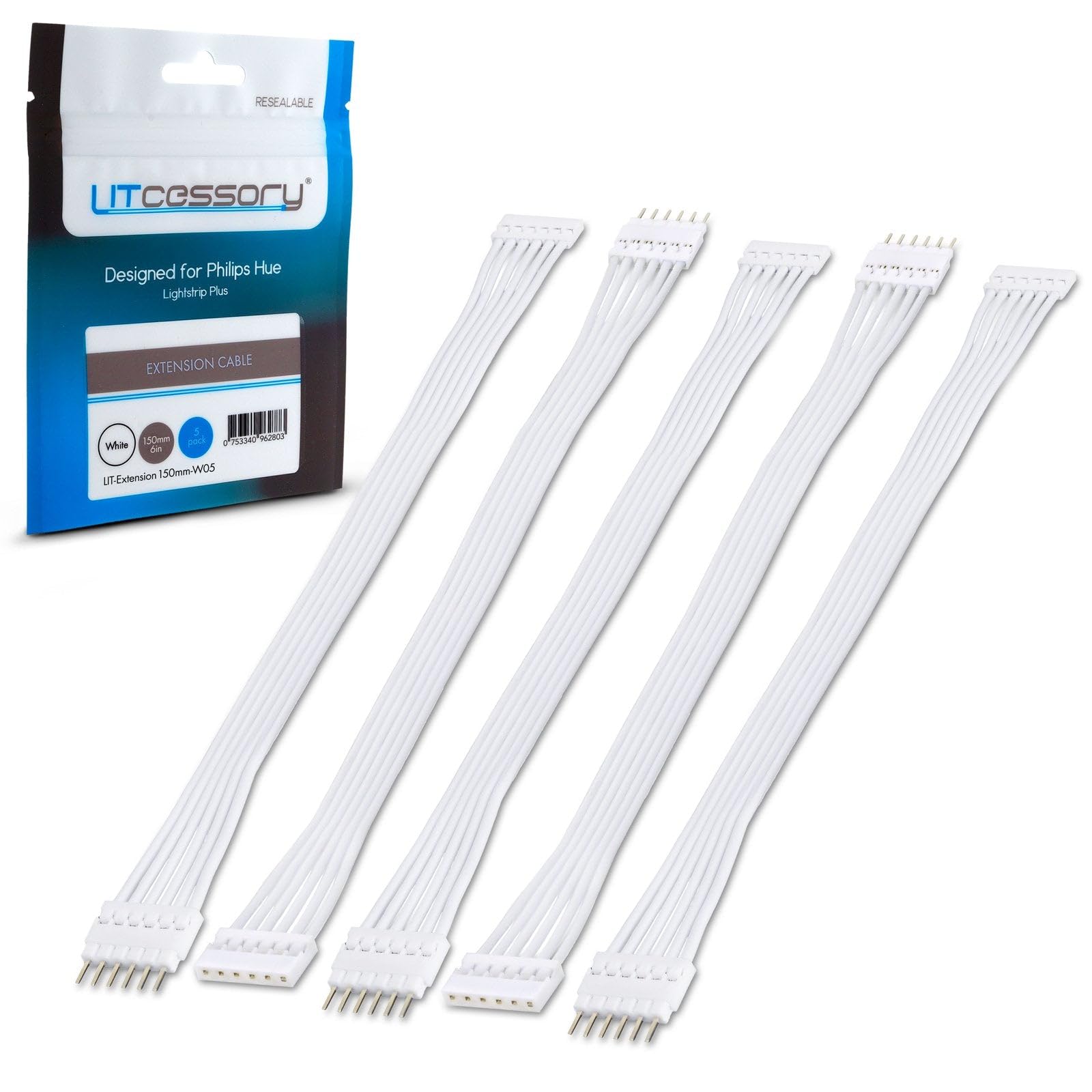 Litcessory Extension Cable for Philips Hue Lightstrip Plus (150mm, 5 Pack, White - STANDARD 6-PIN V3 / WIZ Lightstrip)