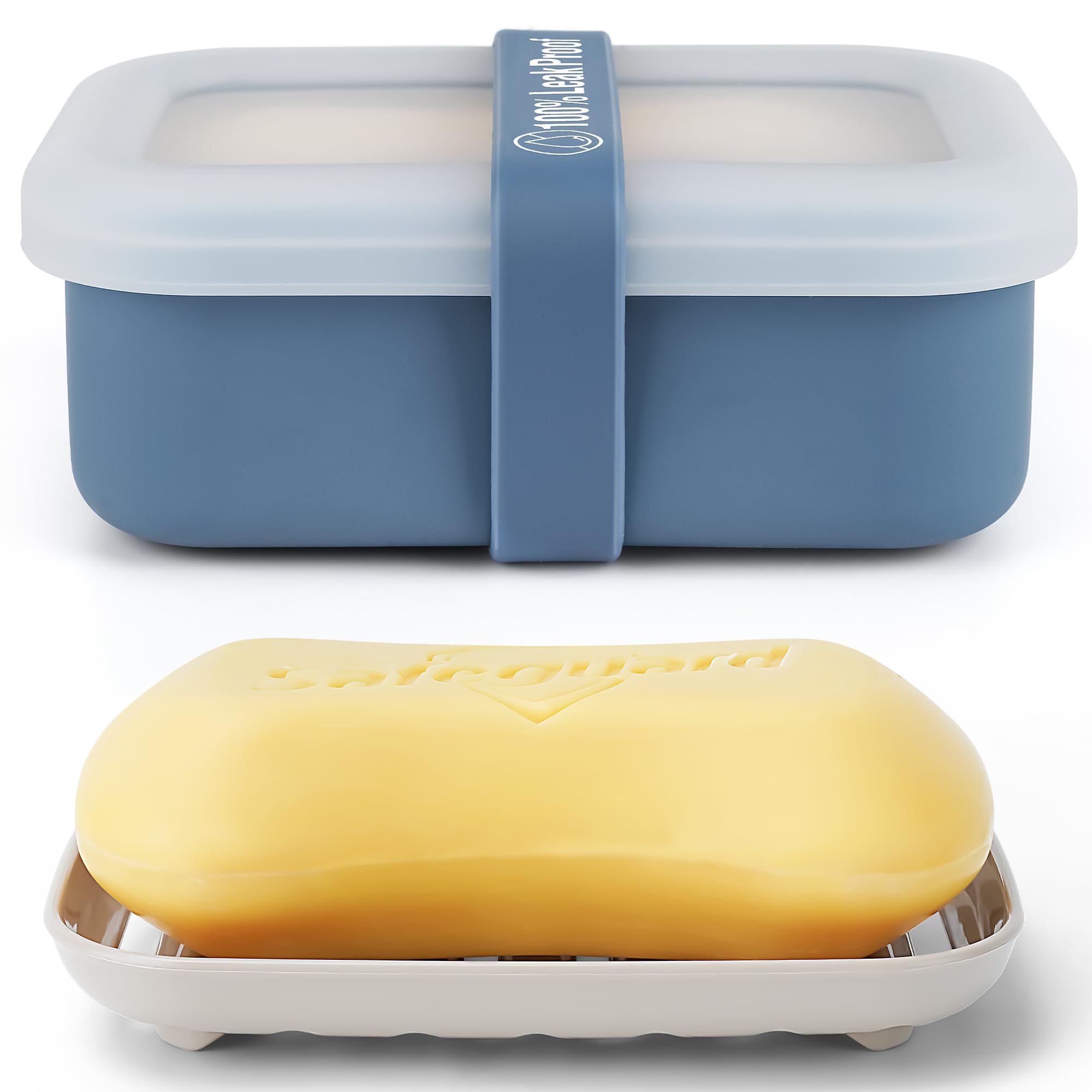 Photo 1 of Compact Leakproof Travel Soap Case with Lid & Silicone Strap - Portable Draining Soap Bar Holder for Gym, Bathroom, Camping - Lightweight Silicone Soap Dish Container (Blue)