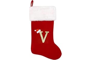 Tokforty 20 Inches Red Velvet with White Super Soft Plush Cuff Monogram Christmas Stockings, Xmas Personalized Embroidered Letter Stockings for Family Holiday Decorations and Xmas Tree Fireplace（V）