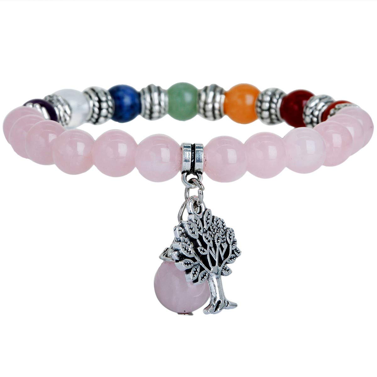 mookaitedecor Natural Pink Rose Quartz Crystal Semi Precious Gemstone Stretch Bracelet with Tree of Life, Healing Crystal Chakra Stone Beads Bracelet Colourful Good Luck Jewellery Gift for Women