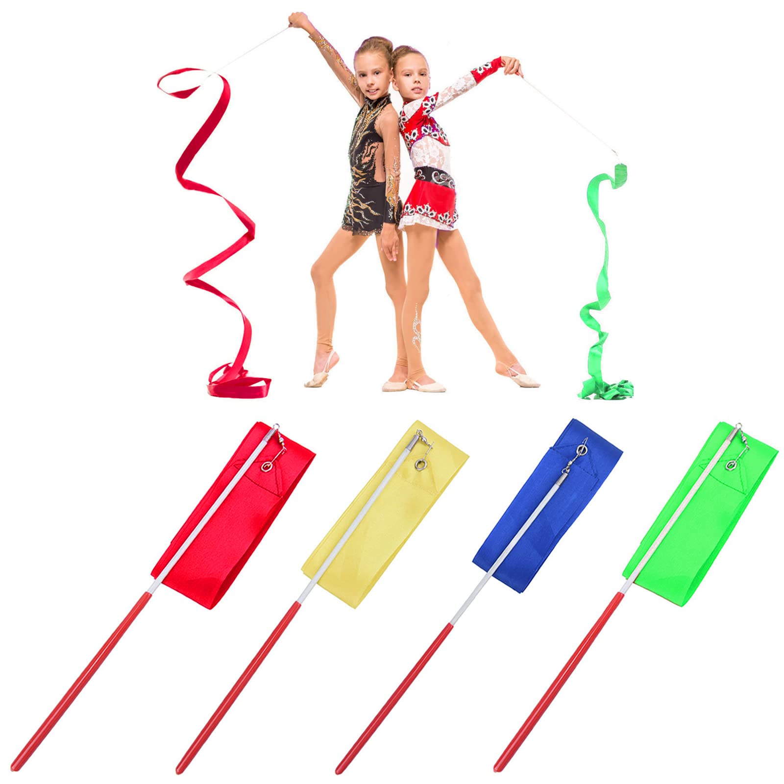 YUTOU Pack of 4 Rainbow Exercise Bands Children 2 Metres Dance Ribbon Gymnastics Band with Rod Rhythmic Sports Gymnastics Band Dance Streamer for Children Girls Art Dances (4 Colours)