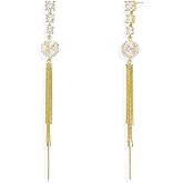 Sonateomber Gold Silver Long Dangle Drop Tassel Ball Earrings for Women, Sparkly Elegant CZ Rhinestone Chandelier Dangling Earings Prom Wedding Fashion Jewelry Gift