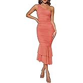 ZESICA Women's One Shoulder Summer Dress Sleeveless Mesh Ruched Bodycon Sexy Formal Cocktail Midi Dresses