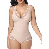 SHAPESHE Womens Shapewear Deep V Neck Bodysuit Tummy Control Slimming Faja Body Shaper Mesh Sheer Outing Outfits